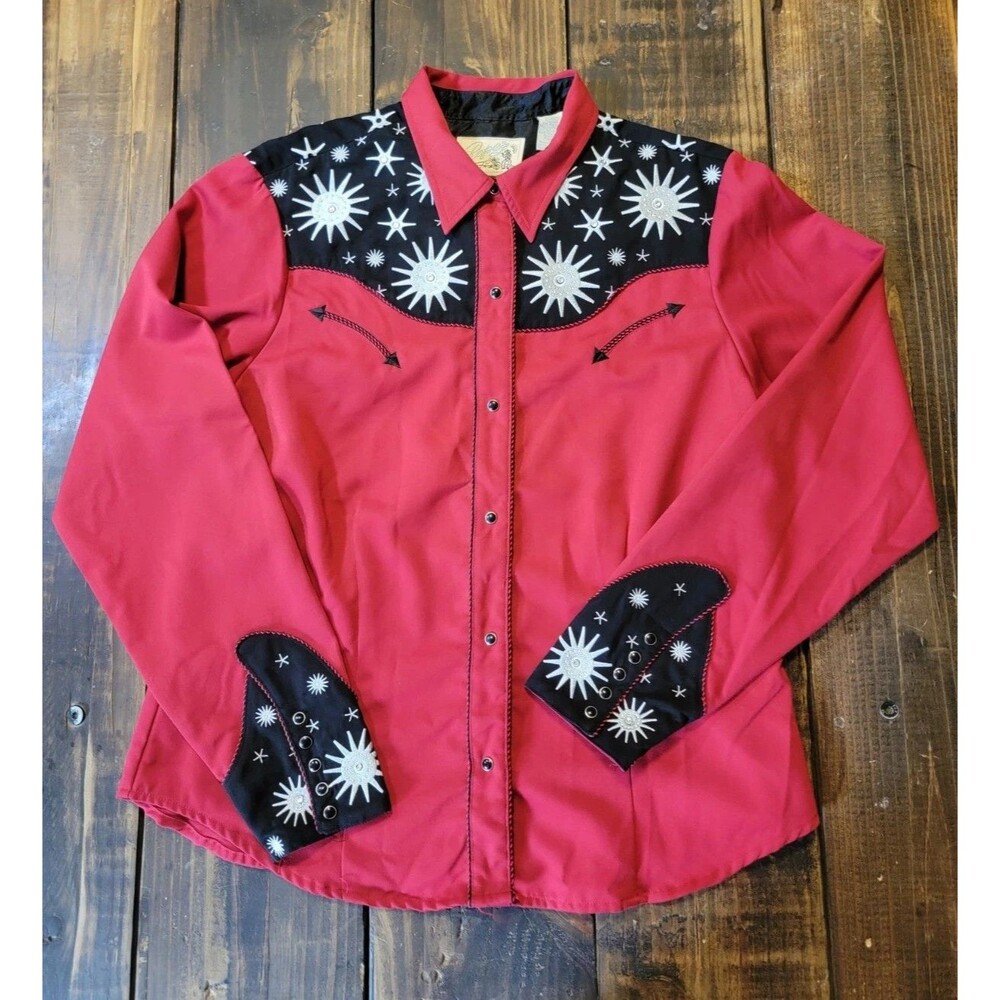 Roper Western Cowgirl Shirt XL Red Starburtst Embroidered Bling Pearl Snaps
